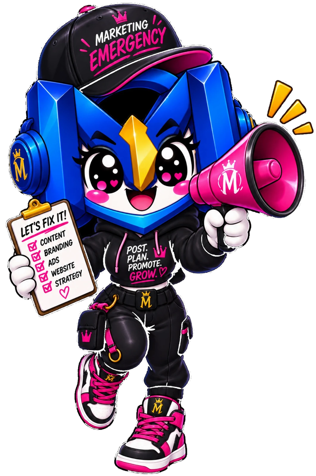 MADDS M mascot in a Marketing Emergency cap, holding a checklist and megaphone